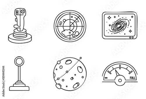 Set of hand-drawn science fiction icons in a black outline style, featuring a joystick, radar screen, galaxy map, planet, control lever, and a full gauge