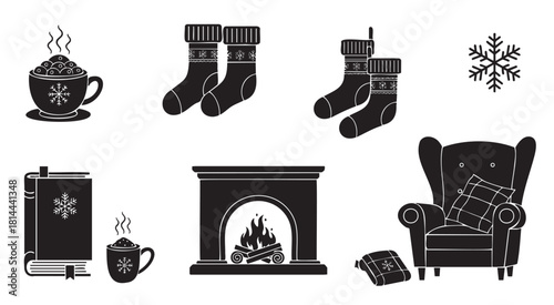Set of cozy winter holiday icons in a simple black silhouette style, featuring a fireplace, hot drink, warm socks, armchair, and book for a comfortable hygge lifestyle