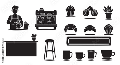 Collection of black silhouette icons for a coffee shop, featuring a barista, espresso machine, pastries like croissants and cupcakes, and various cups