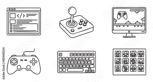 Minimalist set of black and white line art icons representing video gaming and development, featuring a joystick, gamepad, keyboard, code window, and character selection screen