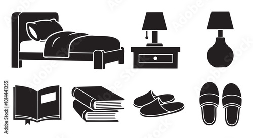 Collection of black silhouette icons representing bedroom furniture and bedtime accessories, including a bed, lamp, nightstand, books, and slippers