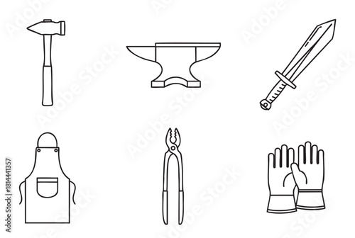 Set of six blacksmithing icons in a simple line art style, featuring a hammer, anvil, sword, apron, tongs, and protective gloves