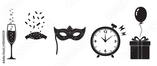 Minimalist black silhouette icon set for a party or holiday celebration featuring champagne, confetti, a masquerade mask, a midnight clock, and a gift with a balloon