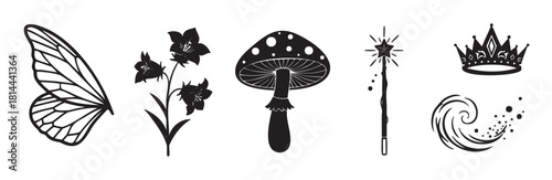 Collection of magical fantasy elements in a simple black graphic style, featuring a fairy wing, toadstool, royal crown, and sparkling wand for enchanting storybook designs