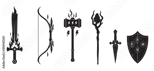 Set of black silhouette icons featuring magical fantasy weapons and armor, including a flaming sword, bow, lightning hammer, staff, dagger, and runic shield