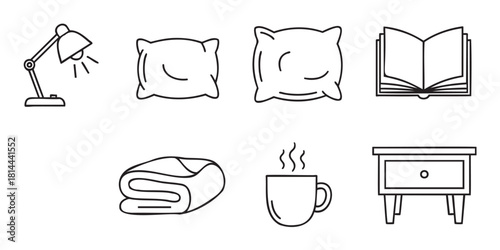Collection of simple outline icons for sleep and relaxation, including a nightstand, lamp, book, pillow, blanket, and hot drink, illustrating a cozy bedtime routine