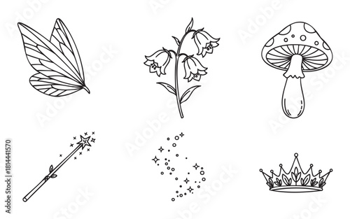 Charming set of fairy tale themed line art illustrations featuring a wing, magic wand, crown, mushroom, flower, and sparkles