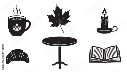 Set of minimalist black vector icons for a cozy autumn cafe concept, including a hot drink, maple leaf, lit candle, croissant, table, and open book