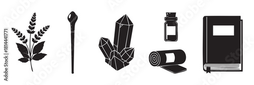 Set of black silhouette icons representing magical and alchemical items like a herb, wand, crystal, potion, scroll, and spell book