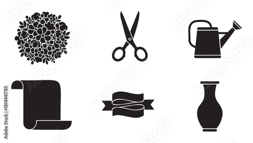 Collection of black silhouette icons related to floristry and gardening, including a bouquet, scissors, watering can, vase, ribbon, and scroll