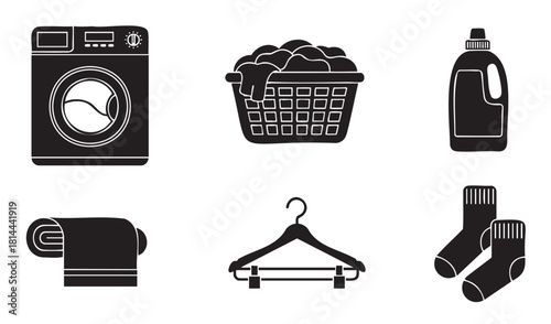 Minimalist black silhouette icon set for laundry service and domestic cleaning, featuring a washer, clothes basket, detergent bottle, towel, hanger, and socks