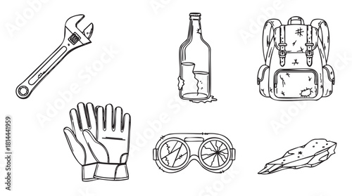 Hand-drawn collection of black and white line art icons for a post-apocalyptic survival theme, featuring a wrench, broken bottle, backpack, gloves, cracked goggles, and debris