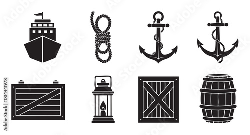 Collection of black and white maritime icons including a cargo ship, anchor, rope, wooden crate, barrel, and lantern
