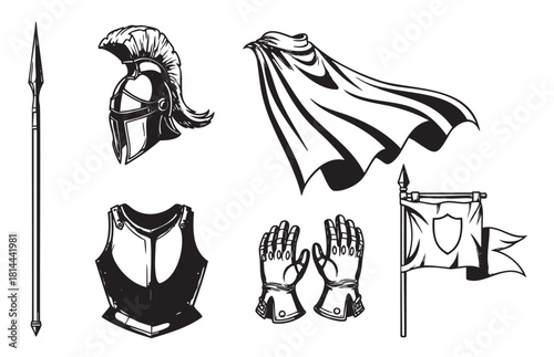 Black and white graphic illustration set of ancient or fantasy warrior armor, featuring a plumed helmet, spear, flowing cape, breastplate, gauntlets, and a battle flag