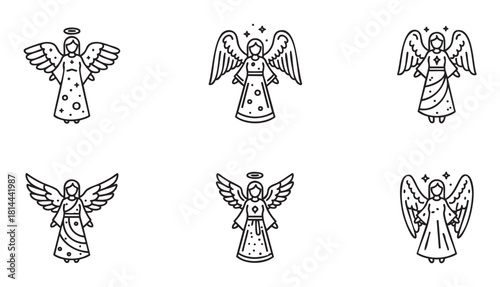 Set of six minimalist angel icons with wings and halos, drawn in a simple black line art style and