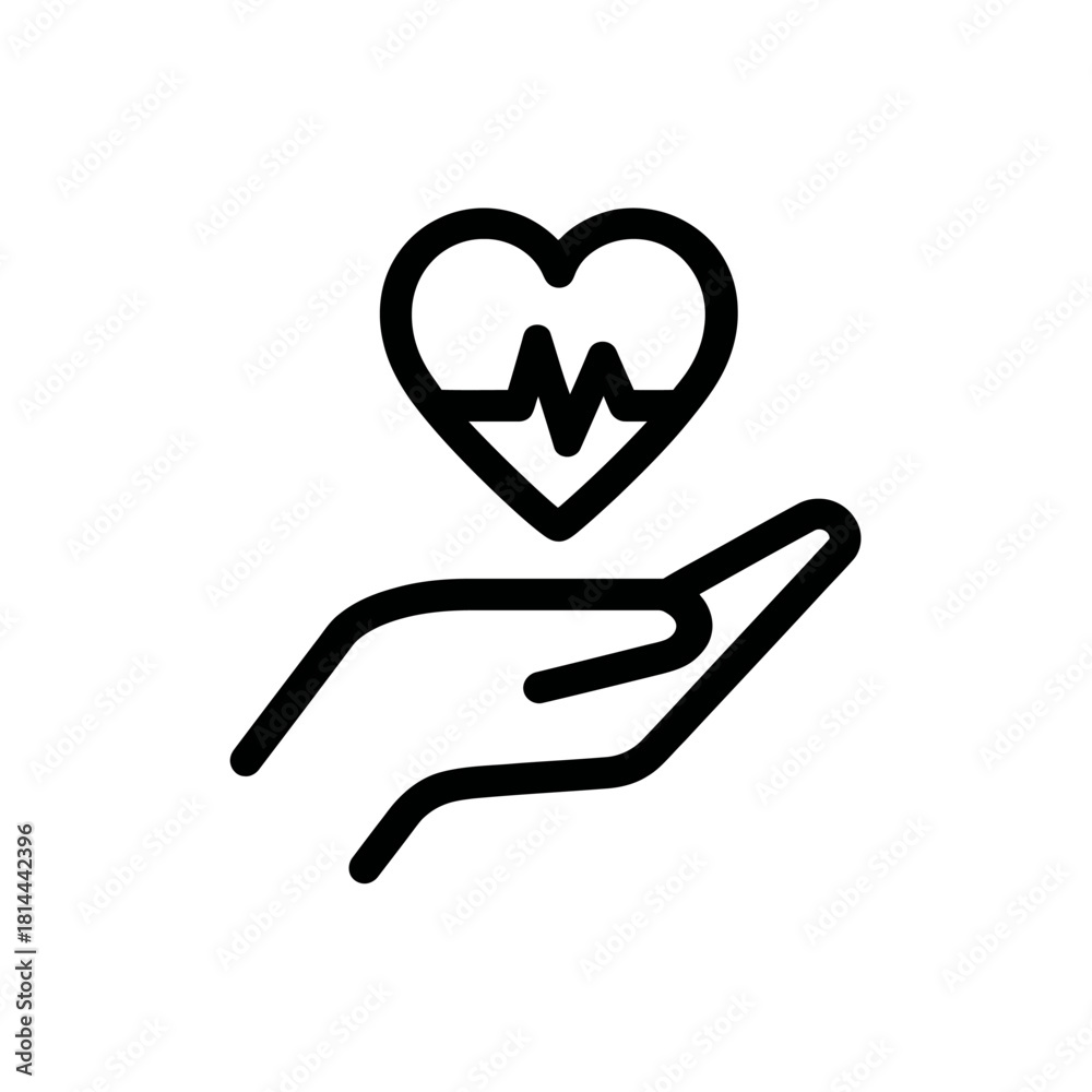 Fototapeta premium Healthcare and Medical Care Icon: Hand Holding Heart with Pulse Line, Symbolizing Health Protection, Wellness, and Life Insurance