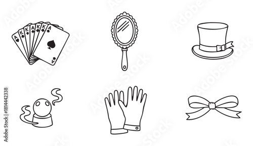 Set of minimalist black outline icons for a magician or illusionist, including a top hat, playing cards, crystal ball, gloves, mirror, and bow