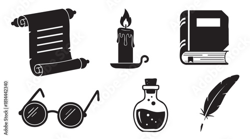 Graphic set of vintage scholarly and fantasy items in black silhouette, with a scroll, candle, book, spectacles, potion bottle, and a feather quill
