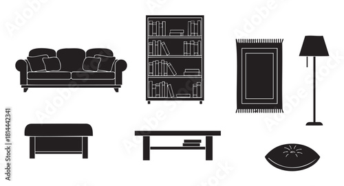 Collection of black silhouette icons representing living room furniture and home decor items, including a sofa, bookcase, lamp, and rug