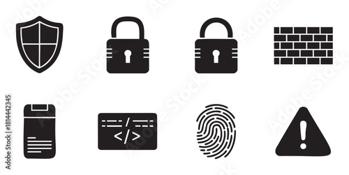 Versatile set of eight black solid glyph icons for cybersecurity concepts, including a shield, padlock, firewall, code, and fingerprint