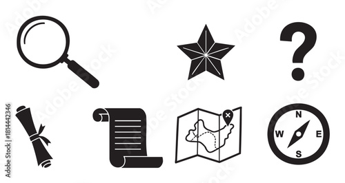 Collection of black silhouette icons for adventure, mystery, and exploration, featuring a magnifying glass, treasure map, compass, ancient scroll, and question mark symbol