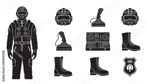 Collection of black silhouette icons representing a military pilot's equipment, including a flight suit, helmet, joystick, boots, and control panel