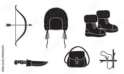 Collection of black silhouette icons for hunting and survival, featuring a bow, arrow, winter hat, boots, knife, and bag