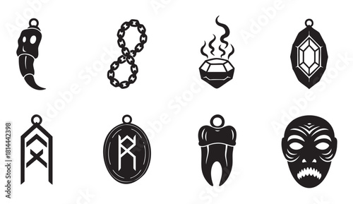 Minimalist icon set of various fantasy and mythological objects, including a magic gem, a monster tooth, a scary mask, and ancient runic charms in a simple black silhouette style