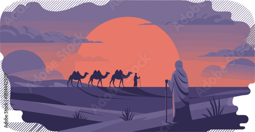Desert caravan at sunset, flat vector illustration, traditional attire, camel journey, dramatic sky, solitude theme, cultural travel concept