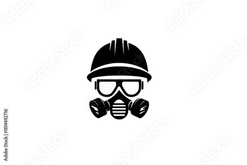 Industrial worker safety icon with hard hat, goggles, and respirator mask silhouette for hazard protection