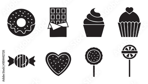 Set of minimalist glyph icons featuring sweet confectionery and dessert items like candy, a chocolate bar, cupcake, and donut, presented as simple black shapes on a clean white backdrop