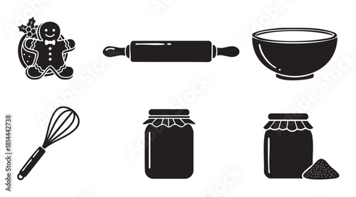 Minimalist vector icon set in black and white for holiday cooking and baking, with a gingerbread man, rolling pin, mixing bowl, whisk, and jars of jam and sugar