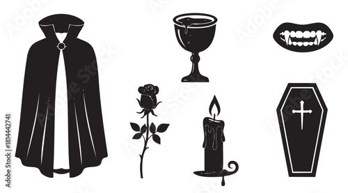Set of classic vampire and Halloween themed icons in a black silhouette style, including a cloak, fangs, coffin, chalice, black rose, and melting candle