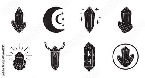 Set of hand-drawn mystical icons featuring crystals, a crescent moon, and runic symbols, perfect for esoteric, magical, or spiritual themes in a black and white silhouette style