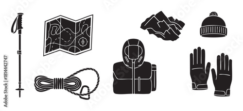 Collection of black silhouette icons representing hiking and mountaineering equipment, including a map, rope, backpack, and pole