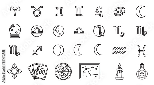 Comprehensive set of black line art icons featuring all twelve zodiac signs, moon phases, tarot cards, and other mystical astrology symbols