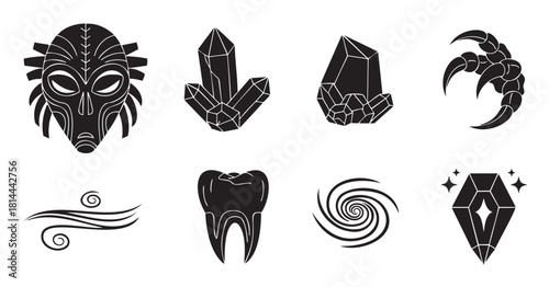 Collection of black and white mystical icons featuring a tribal mask, crystals, a monster claw, a tooth, and abstract symbols