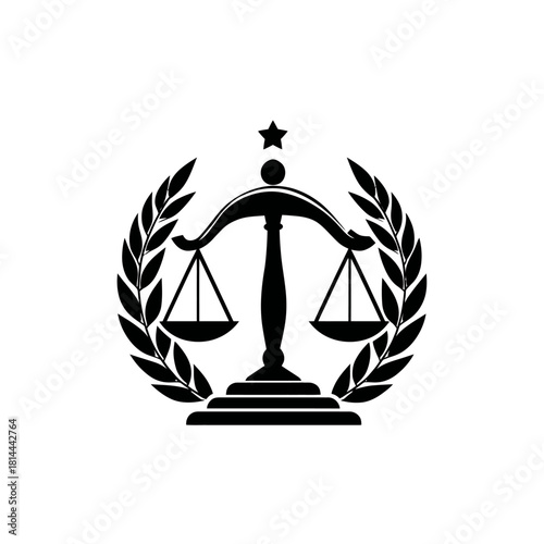 Scales of Justice symbol with laurel wreath and star icon, representing law, balance, equality, fairness, and legal system concept