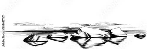 floating icebergs with clear reflections on calm water, capturing an arctic atmosphere and cold natural scenery.