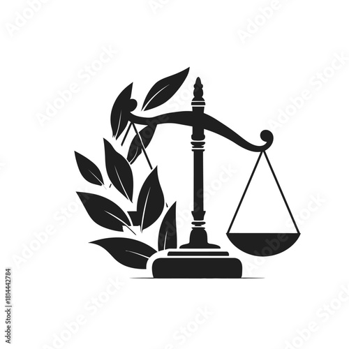 Classic Scales of Justice Icon with Laurel Wreath. Symbolizing Law, Equity, Balance, Fairness, and Legal Rights