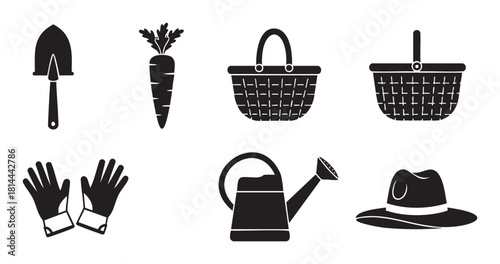 Collection of black silhouette icons representing gardening tools and equipment, including a trowel, carrot, baskets, gloves, watering can, and hat