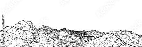 wireframe sketch depicting a geometric mountain landscape on transparent background, emphasizing structure