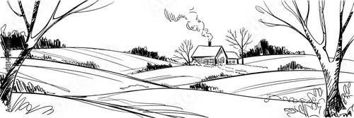 winter sketch showing a house with chimney smoke rising, surrounded by snow-covered ground and leafless trees.