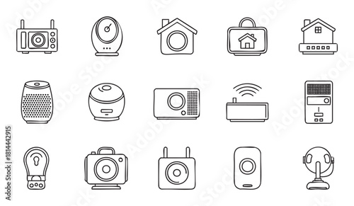 Collection of smart home and home automation device icons, including speakers, cameras, and sensors, illustrated in a clean black and white line art style