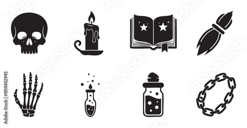 Mystical icon set with various magic and fantasy elements such as a skull, skeleton hand, spellbook, and potions, rendered as black silhouettes