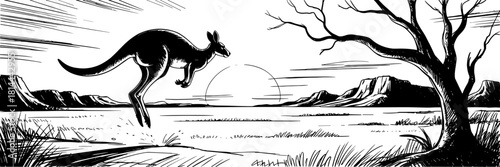 a kangaroo jumping across a barren landscape with distant mountains, a horizon line, and a single bare tree.