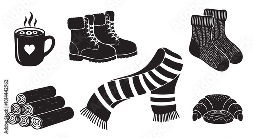 Set of black silhouette icons for a cozy winter season, including a warm mug, boots, knitted socks, scarf, firewood, and a pastry on a clean white backdrop