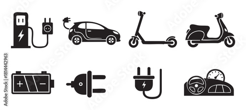 Collection of black silhouette icons for electric mobility, featuring an EV car, scooter, charging station, battery, and plug, illustrating green energy and sustainable transport