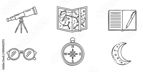 Set of black and white line art icons related to astronomy and exploration, featuring a telescope, star map, compass, notebook, glasses, and moon