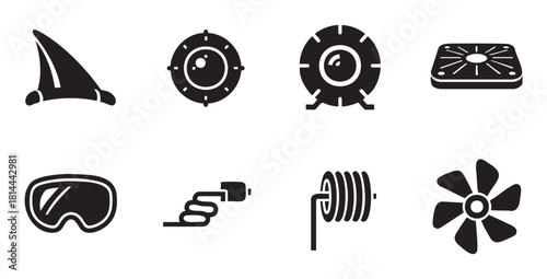 Minimalist black silhouette icon set featuring various marine and technical symbols like a fin, porthole, goggles, drain, hose, and propeller on a clean white backdrop